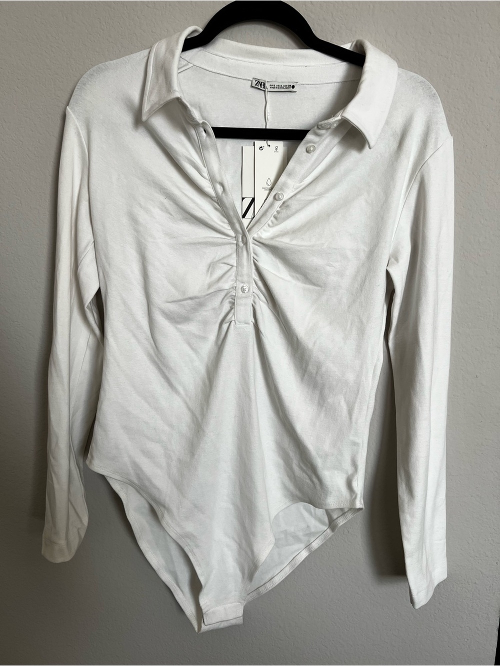 Zara White Long-Sleeve Polo Ruched Bodysuit